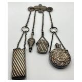 Victorian Chatelaine with Four Silver Bottles and Coin Motif