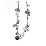Sterling Silver Necklace - 8 in - Genuine Iolite, Rose Quartz & Amethyst with Pearls - S321228