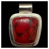 Pendant - 925 Sterling Silver Mexican Red Cabochon Stone in Square Bezel