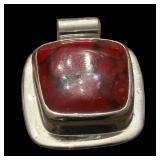 Pendant - 925 Sterling Silver Mexican Red Cabochon Stone in Square Bezel