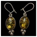 Amber Oval Cabochon Drop Earrings - Silver-tone
