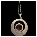 Amber Cabochon Pendant Necklace - Sterling Silver 925 Halo Ring Design