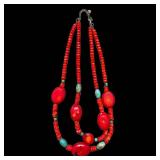 Barse 925 Sterling Silver Red Bead Multi-Strand Necklace with Turquoise Accents - 17-Inch