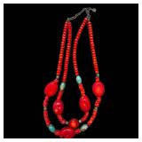 Barse 925 Sterling Silver Red Bead Multi-Strand Necklace with Turquoise Accents - 17-Inch