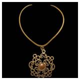 Gold-Tone Filigree Pendant Necklace with Copper Cabochon Center