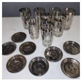 Set of 8 Silver Overlay Highball Glasses with 8 Silver Roman Motif Coasters