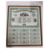 Antique Framed United States Great Republic Gold and Silver Mining Stock Certificate with Coupons