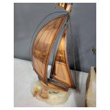 Pair of Signed Mid-Century Metal Sculptures Sailboat and Skier on Stone Base