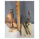Pair of Signed Mid-Century Metal Sculptures Sailboat and Skier on Stone Base