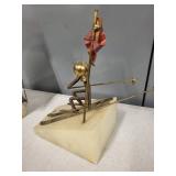 Pair of Signed Mid-Century Metal Sculptures Sailboat and Skier on Stone Base