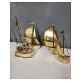 Signed DeMott Brass Sailboat and Fishing Boat Sculptures on Stone Bases