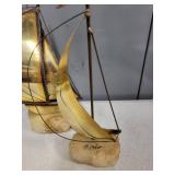 Signed DeMott Brass Sailboat and Fishing Boat Sculptures on Stone Bases