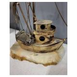 Signed DeMott Brass Sailboat and Fishing Boat Sculptures on Stone Bases