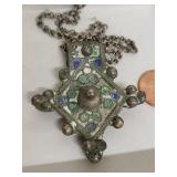 Vintage Moroccan Silver-Tone Pendant Necklace with Mosaic Inlay