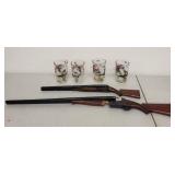 Pair of G.M. Schmidt Decorative Toy Shotguns and 4 Pheasant Drinking Glasses
