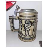 Vintage German Beer Stein, Brass Knight Figure, Dog Bookend, and Miniature Flag Set