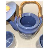 Blue Ceramic Teapot and 3 Cup Set with Wave and Seagull Design
