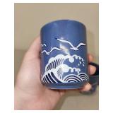 Blue Ceramic Teapot and 3 Cup Set with Wave and Seagull Design