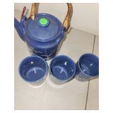 Blue Ceramic Teapot and 3 Cup Set with Wave and Seagull Design