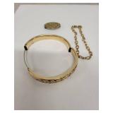 Vintage Jewelry Collection with Pearl Necklace, Gold-Tone Bracelet, Chain Bracelet, and Brooch