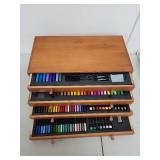 Wooden Art Supply Chest with Assorted Drawing Tools and Pastels