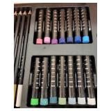 Wooden Art Supply Chest with Assorted Drawing Tools and Pastels