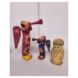 Set of 2 Guatemalan Painted Wooden Angels and 4 Russian Nesting Dolls