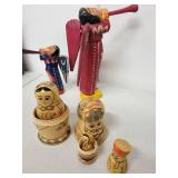 Set of 2 Guatemalan Painted Wooden Angels and 4 Russian Nesting Dolls