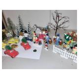 Collection of Christmas Village Figurines, Vehicles, and Decorations