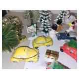 Collection of Christmas Village Figurines, Vehicles, and Decorations