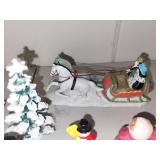 Collection of Christmas Village Figurines, Vehicles, and Decorations