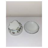 Antique Milk Glass Trinket Box with Blue Floral Design