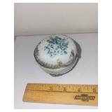 Antique Milk Glass Trinket Box with Blue Floral Design