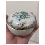 Antique Milk Glass Trinket Box with Blue Floral Design