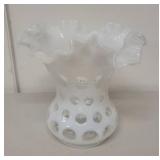 Vintage White Milk Glass Vase with Ruffled Top and Hobnail Design