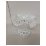 Vintage White Milk Glass Vase with Ruffled Top and Hobnail Design