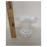 Vintage White Milk Glass Vase with Ruffled Top and Hobnail Design