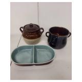 Set of 3 Vintage Stoneware Crocks and Divided Dish USA Pottery