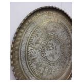Large Engraved Brass Charger Tray with Middle Eastern Motif, 35 Inches