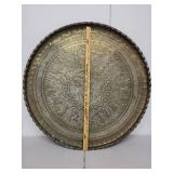 Large Engraved Brass Charger Tray with Middle Eastern Motif, 35 Inches