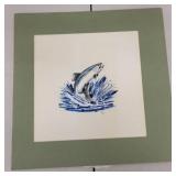 Signed Block Print of Leaping Fish with Mat, 12x12 Inches