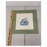 Signed Block Print of Leaping Fish with Mat, 12x12 Inches