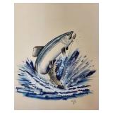 Signed Block Print of Leaping Fish with Mat, 12x12 Inches