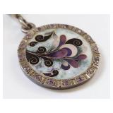 Ornate Sterling Cloisonne Round Pendant with Purple Stones