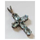 Sterling Silver Cross Pendant with Blue Stones