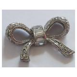 Vintage Sterling Silver Bow Brooch with Rhinestone Accents