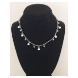 Sterling Silver Chain Necklace with Blue Crystals and White Pearls