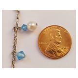 Sterling Silver Chain Necklace with Blue Crystals and White Pearls