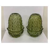 Pair of Fenton Hobnail Fairy Lamps - Vintage Green Glass