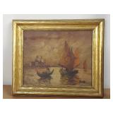 Vintage Signed Landscape Painting of Boats on Water